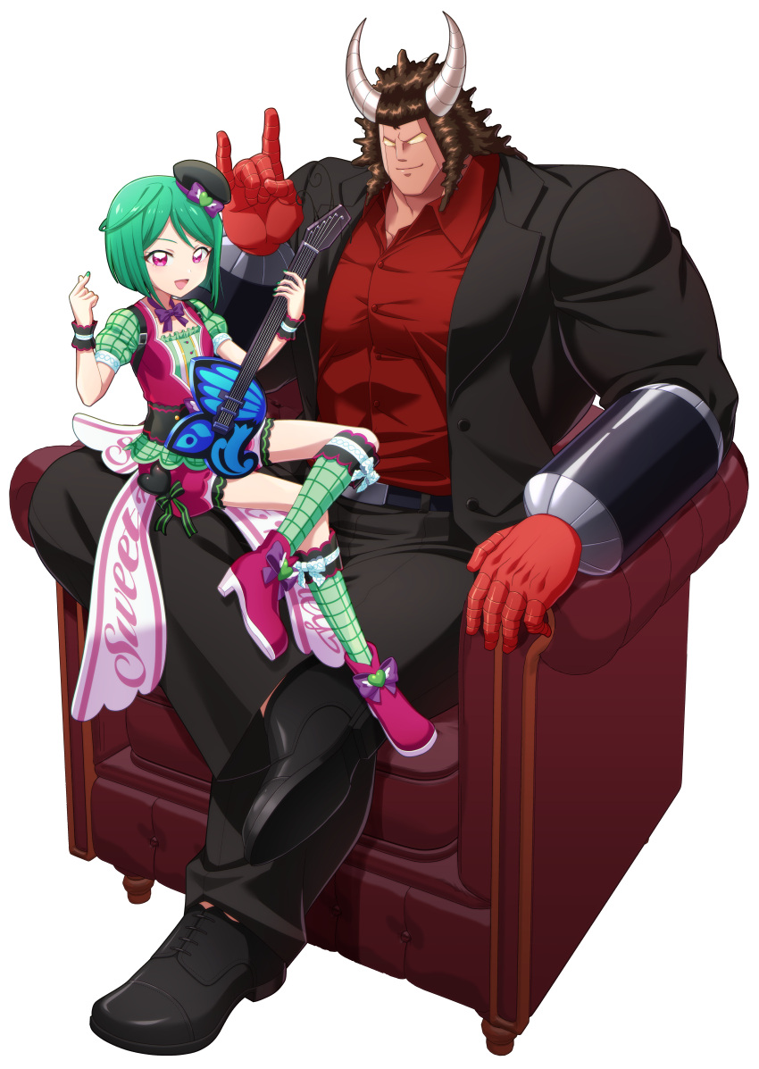 1boy 1girl :d \n/ bara belt black_headwear black_pants black_suit black_wristband bow brown_hair buffaloman chair crossed_legs flat_chest green_hair green_socks hat hat_bow heart highres hizuki_(hiduki6121) holding_guitar horns humanoid_robot kinnikuman kiratto_pri_chan kneehighs midorikawa_sara muscular muscular_male no_pupils pants pink_footwear pink_shorts plaid_sleeves plaid_socks pretty_(series) purple_bow purple_eyes red_shirt robot shirt shorts sitting smile socks suit tilted_headwear white_background yellow_eyes