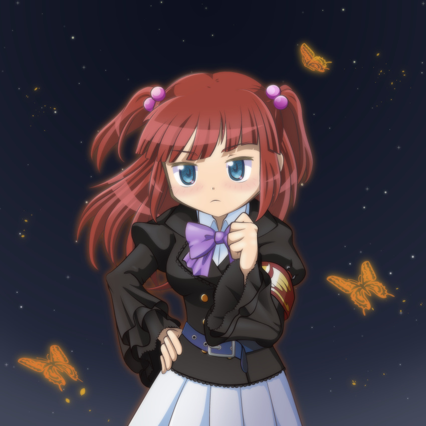 1girl beads blue_eyes bug butterfly cinching_belt hair_beads hair_ornament highres kiddysa night night_sky non-web_source purple_ribbon red_hair ribbon shaft_look skirt sky umineko_no_naku_koro_ni ushiromiya_ange