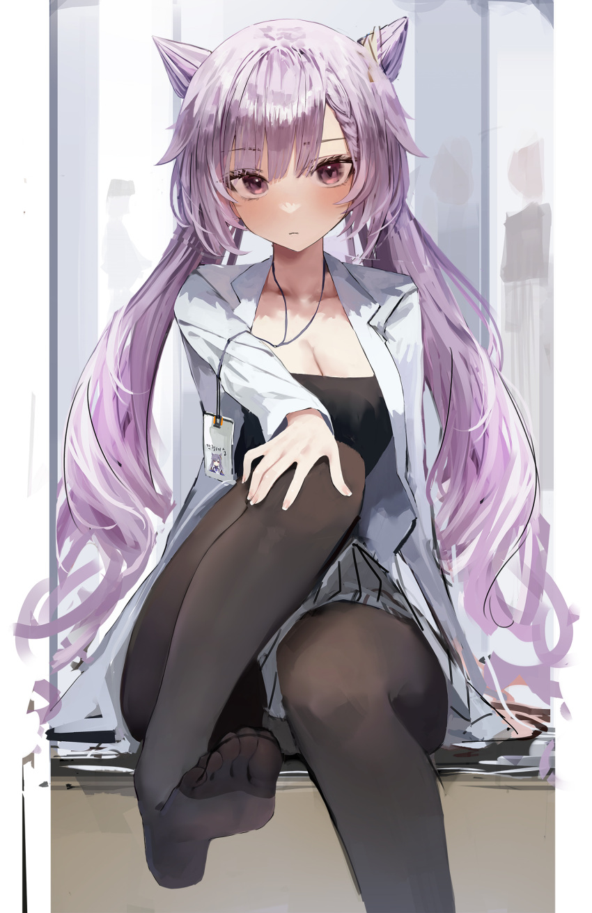 1girl black_pantyhose black_shirt breasts cleavage cone_hair_bun double_bun genshin_impact hair_bun hair_ears highres id_card keqing_(genshin_impact) labcoat looking_at_viewer medium_breasts pantyhose pleated_skirt purple_eyes purple_hair shirt sitting skirt solo twintails yonchan