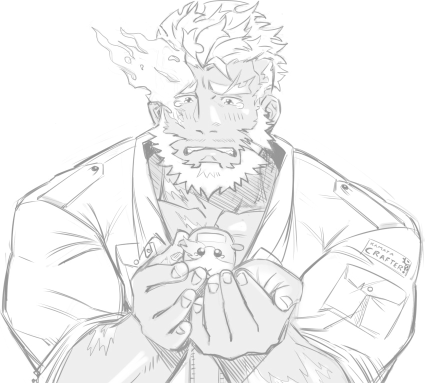 1boy bara beard blush boarsunrise character_request collared_jacket creature dark-skinned_male dark_skin eyebrow_cut facial_hair flaming_eye greyscale hephaestus_(housamo) highres holding holding_creature huge_eyebrows jacket male_focus mature_male monochrome muscular muscular_male pectorals short_hair sleeves_rolled_up solo_focus tearing_up tokyo_afterschool_summoners upper_body