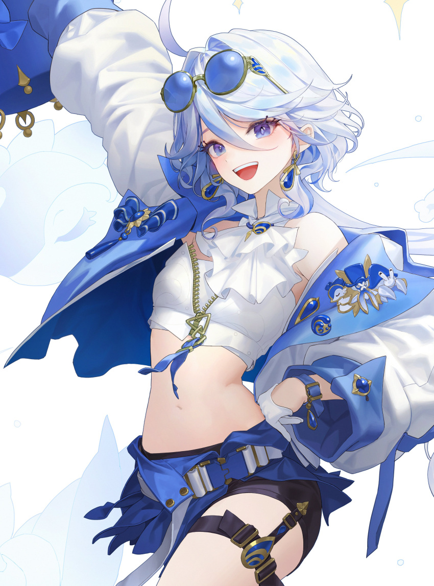 1girl absurdres ahoge arm_up belt blue_eyes blue_gemstone blue_hair casual crop_top daeho_cha earrings eyewear_on_head furina_(genshin_impact) gem genshin_impact gentilhomme_usher gloves hair_between_eyes highres jacket jewelry light_blue_hair long_sleeves looking_at_viewer mademoiselle_crabaletta midriff navel open_clothes open_jacket open_mouth short_hair shorts smile solo stomach sunglasses surintendante_chevalmarin thigh_strap white_gloves zipper