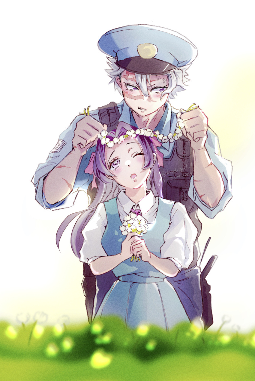 1boy 1girl anger_vein belt blue_skirt blue_vest blush collared_shirt commentary_request dated flower flower_wreath hair_ribbon hat height_difference highres holding holding_flower kimetsu_no_yaiba kochou_kanae neck_ribbon one_eye_closed open_mouth parted_bangs pleated_skirt police police_badge police_hat police_uniform puffy_short_sleeves puffy_sleeves purple_eyes purple_hair red_ribbon ribbon scar scar_on_arm scar_on_face scar_on_forehead school_uniform shinazugawa_sanemi shirt short_sleeves shy skirt twitter_username uniform user_gdxy2288 utility_belt vest white_hair wing_collar