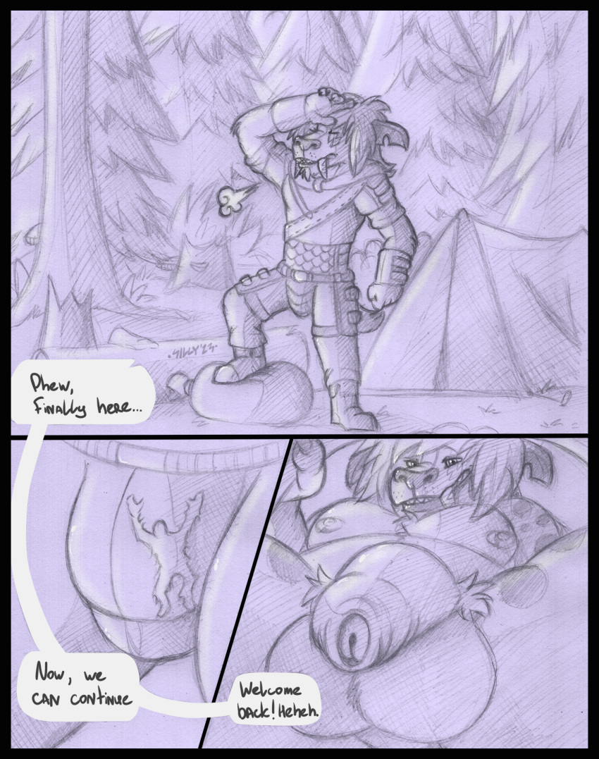 anthro armor balls bulge butt camp clothed clothing clothing_insertion detailed_background dialogue dialogue_box dominant dominant_male duo facial_markings fangs felid feline first_person_view foreskin forest forest_background fur genital_focus genitals hair head_markings hi_res human inside_clothing inside_underwear leather leather_armor long_foreskin looking_at_viewer low-angle_view machairodontine male male/male mammal markings micro_in_clothes nature nature_background nipples penis plant presenting presenting_balls presenting_hindquarters sebry sillywerwolf smile spots spotted_body spotted_fur submissive submissive_pov teeth tent text traditional_media_(artwork) tree urethra worm's-eye_view