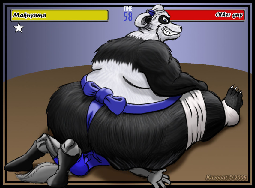 2005 ambiguous_gender anthro asian_clothing bear belly big_belly big_butt black_and_white_body black_and_white_fur butt butt_crush clothed clothing crush duo east_asian_clothing fight fighting_game fighting_game_ui fighting_ring fur gameplay_mechanics giant_panda gui hair health_bar huge_butt japanese_clothing kazecat larger_male legband makuyama_(kazecat) male mammal mawashi obese obese_anthro obese_male on_ground overweight overweight_anthro overweight_male ponytail ribbons shadow sitting_on_another size_difference smaller_ambiguous smothering solo_focus suspended_in_midair thick_thighs thighband underwear wrestling