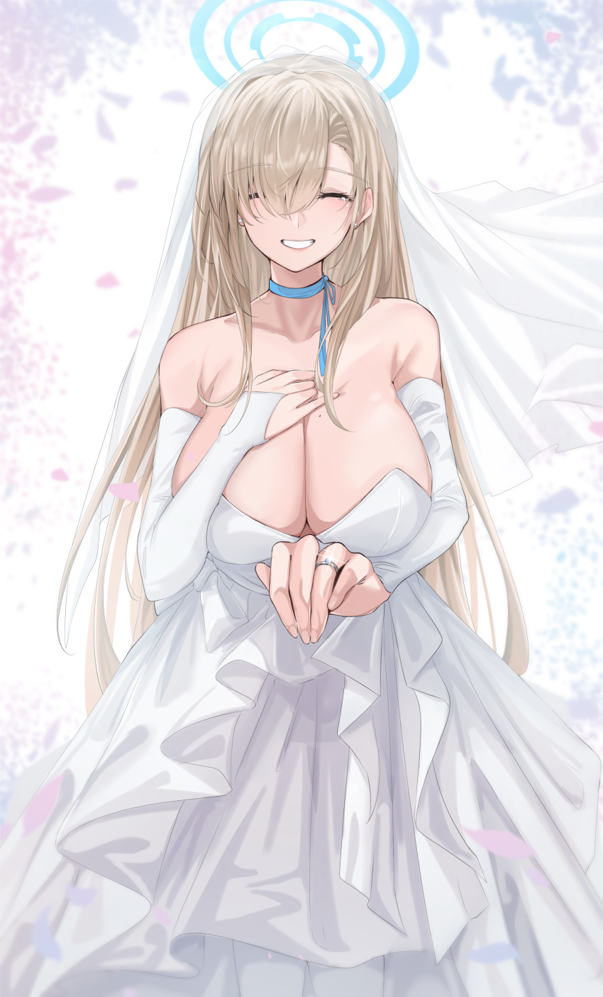 1girl absurdres asuna_(blue_archive) bare_shoulders blonde_hair blue_archive blue_choker breasts bridal_gauntlets bridal_veil choker closed_eyes collarbone dress falling_petals grin halo highres jewelry large_breasts long_hair off-shoulder_dress off_shoulder petals ring smile solo teeth vanko_(vank0a) veil very_long_hair wedding_dress wedding_ring white_dress