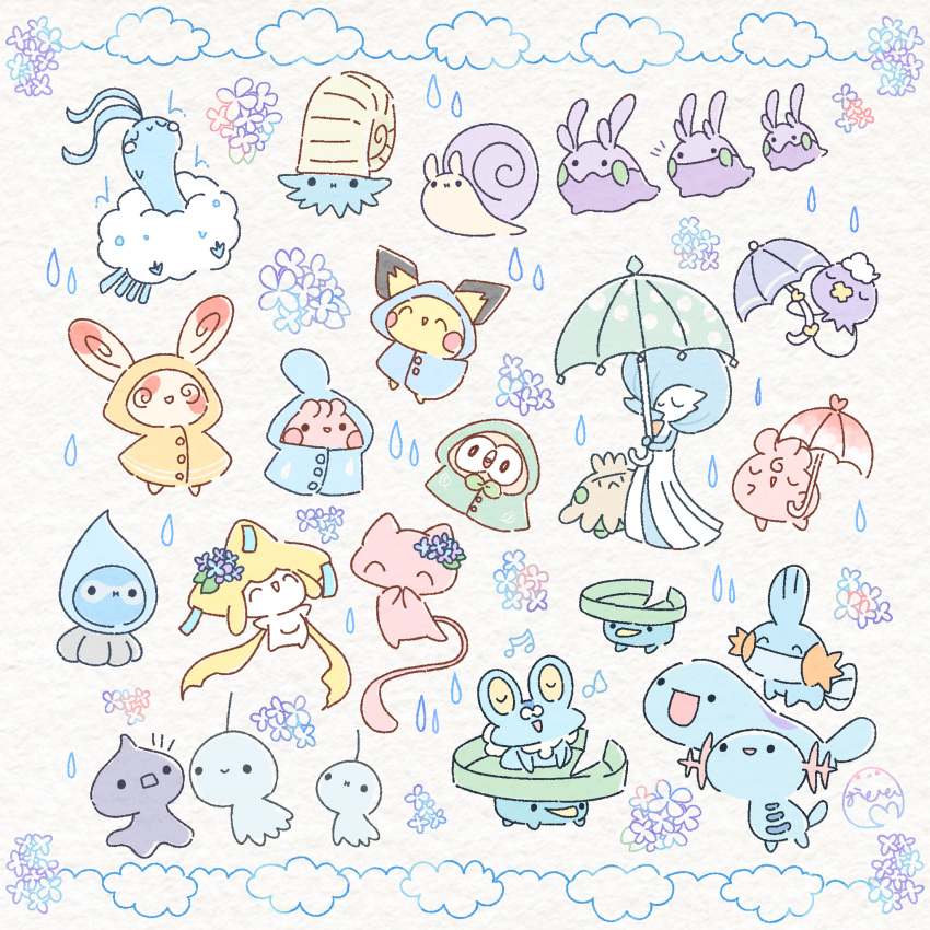 1girl :i @_@ ^_^ altaria alternate_color black_eyes blue_coat blue_flower blue_hair blue_skin blush_stickers bob_cut buttons castform castform_(rainy) chibi closed_eyes clothed_pokemon cloud coat colored_skin commentary_request covering_mouth drifloon ears_through_headwear everyone flat_chest flower froakie frog full_body gardevoir goomy green_coat hair_flower hair_ornament hair_over_one_eye hands_up happiny happy highres holding holding_umbrella hood hood_up hooded_coat igglybuff jirachi lotad mew_(pokemon) mudkip multicolored_skin notice_lines omanyte one_eye_covered open_mouth ototo_(otokameseimen) own_hands_together pichu pokemon pokemon_(creature) quagsire rain raincoat rowlet shiny_pokemon short_hair shroomish shuppet slime_(creature) smile snail solid_circle_eyes spinda standing teruterubouzu two-tone_skin u_u umbrella water_drop wavy_mouth wet white_skin wooper yellow_coat