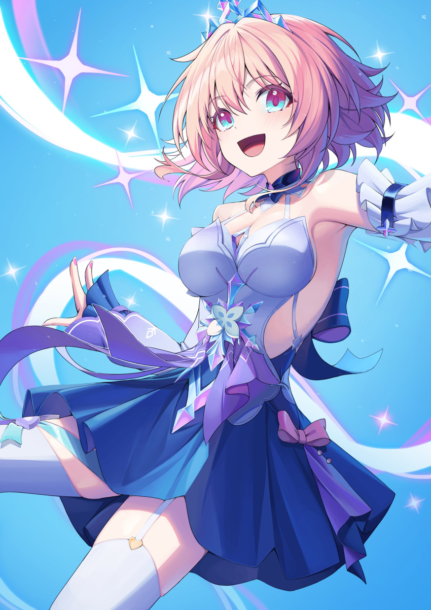 1girl absurdres bare_shoulders blue_background blue_dress bow breasts cleavage detached_sleeves dress garter_straps hair_between_eyes highres honkai:_star_rail honkai_(series) long_sleeves looking_ahead march_7th_(honkai:_star_rail) medium_breasts multicolored_eyes official_alternate_costume open_mouth pink_bow pink_hair pink_nails short_hair simple_background smile solo sora_(men0105) sparkle_background thighhighs tiara white_garter_straps white_thighhighs