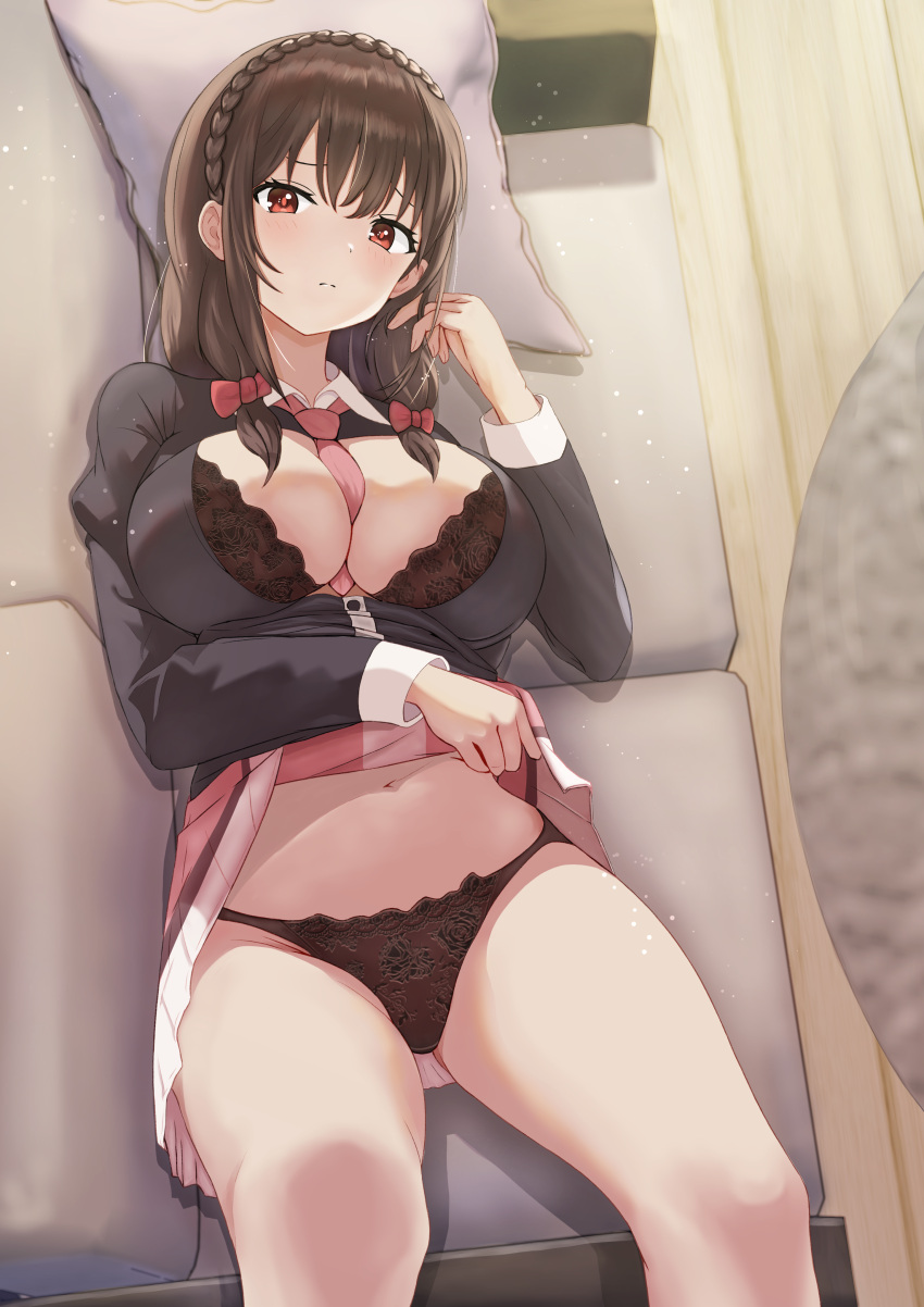 1girl absurdres between_breasts black_bra black_panties black_shirt bow bra braid breasts brown_hair closed_mouth clothes_lift commentary_request couch crown_braid dress_shirt from_above hair_bow highres indoors jim_(mzkp3433) kono_subarashii_sekai_ni_shukufuku_wo! large_breasts lifted_by_self light_blush long_sleeves looking_at_viewer low_twintails lying medium_hair navel necktie necktie_between_breasts on_back on_couch panties partially_unbuttoned pink_necktie pink_skirt playing_with_own_hair red_bow red_eyes shirt short_necktie skirt skirt_lift solo twintails underwear yunyun_(konosuba)