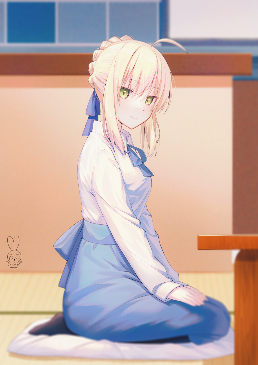 1girl absurdres ahoge aro_1801 artoria_pendragon_(fate) black_pantyhose blonde_hair blue_ribbon blue_skirt braid braided_bun breasts fate/stay_night fate_(series) green_eyes hair_bun hair_ribbon highres indoors long_sleeves looking_at_viewer pantyhose ribbon saber seiza shirt sidelocks single_hair_bun sitting skirt small_breasts smile solo tatami white_shirt