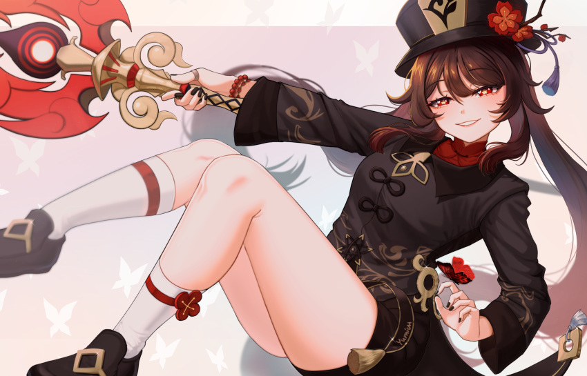 1girl :d absurdres ass black_footwear black_hair black_shorts chinese_clothes commentary_request flower genshin_impact hair_between_eyes half-closed_eyes hat hat_flower hat_ornament highres holding holding_polearm holding_weapon hu_tao_(genshin_impact) kneehighs long_hair long_sleeves looking_at_viewer polearm porkpie_hat red_eyes shoes short_shorts shorts sidelocks simple_background smile smirk socks solo staff_of_homa_(genshin_impact) symbol-shaped_pupils twintails weapon white_socks wide_sleeves yumich