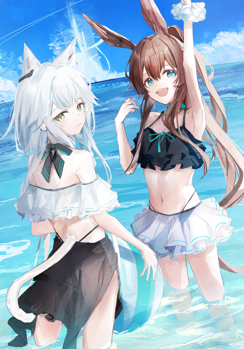 2girls absurdres amiya_(arknights) animal_ears arknights bad_arm ball beachball black_skirt black_tank_top blue_eyes blue_sky brown_hair cat_ears cat_girl cat_tail closed_mouth cloud commentary english_commentary frilled_tankini green_eyes highres holding holding_ball holding_beachball long_hair looking_at_viewer looking_back multiple_girls ocean open_mouth outdoors ponytail rabbit_ears rabbit_girl rosmontis_(arknights) short_hair sikinose_val skirt sky smile tail tank_top teeth upper_teeth_only wading white_hair white_skirt white_tank_top