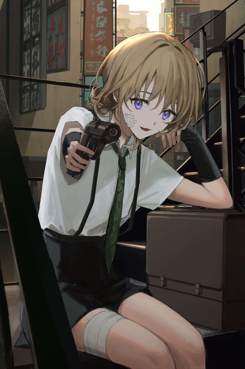 1girl absurdres aiming_at_viewer arm_rest arm_warmers bandage_on_face bandaged_leg bandages banner black_arm_warmers black_skirt collared_shirt es-ther green_necktie gun hair_bun hand_on_own_cheek hand_on_own_face handgun head_rest high-waist_skirt highres holding holding_gun holding_weapon indoors legs_together light_brown_hair long_bangs looking_at_viewer necktie open_mouth original pointing_gun purple_eyes shirt shirt_tucked_in short_hair short_sleeves sidelocks sign sitting skirt smile solo stairs suitcase suspender_skirt suspenders thighs weapon white_shirt