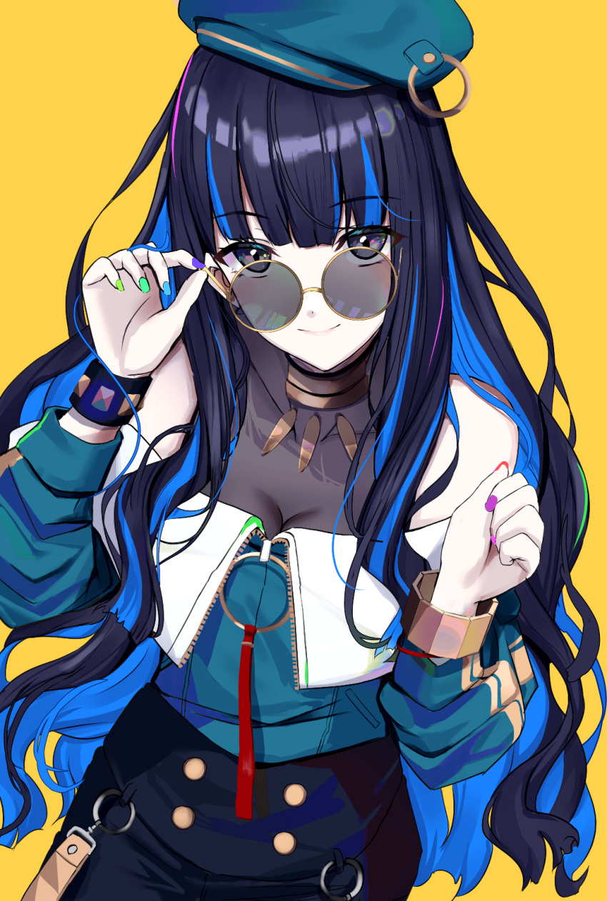 1girl bangs bare_shoulders beret black_hair black_shorts blue_hair blush bracelet breasts buttons colored_inner_hair double-breasted eyeliner fate/grand_order fate_(series) green_headwear green_jacket grey_eyes hat highres jacket jewelry long_hair long_sleeves looking_at_viewer makeup multicolored_hair neck_ring o-ring off_shoulder revision round_eyewear shorts sidelocks small_breasts smile solo sunglasses tenochtitlan_(fate) untue wavy_hair zipper
