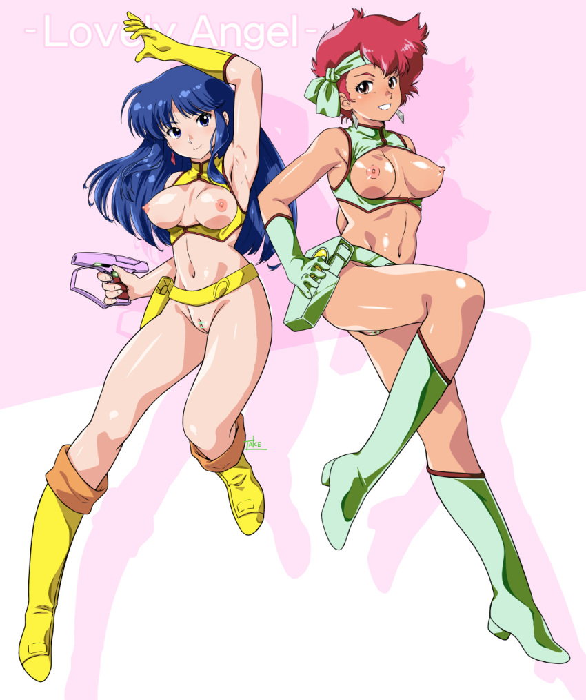 2girls arm_up armpits bandana bar_censor blue_eyes blue_hair bottomless breasts breasts_out brown_eyes censored dark_skin dirty_pair earrings gloves green_footwear green_gloves grin gun highres holding holding_gun holding_weapon holster jewelry kei_(dirty_pair) large_breasts legs long_hair looking_at_viewer multiple_girls navel nipples no_panties ohtado pussy red_hair short_hair signature simple_background single_glove smile teeth thigh_holster weapon yellow_gloves yuri_(dirty_pair)