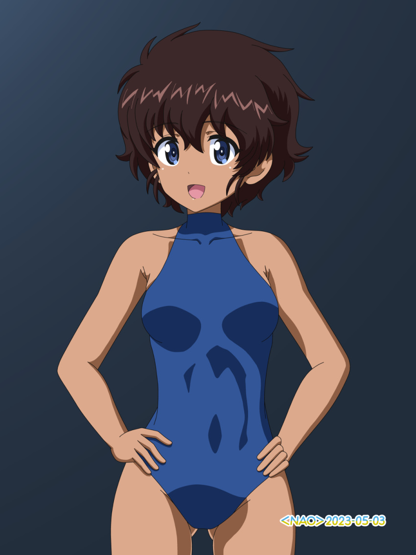 1girl artist_name ass_visible_through_thighs black_background blue_eyes blue_one-piece_swimsuit brown_hair commentary covered_navel cowboy_shot dark-skinned_female dark_skin dated girls_und_panzer halterneck hands_on_own_hips highres looking_at_viewer naotosi one-piece_swimsuit open_mouth school_swimsuit short_hair simple_background smile solo standing suzuki_(girls_und_panzer) swimsuit