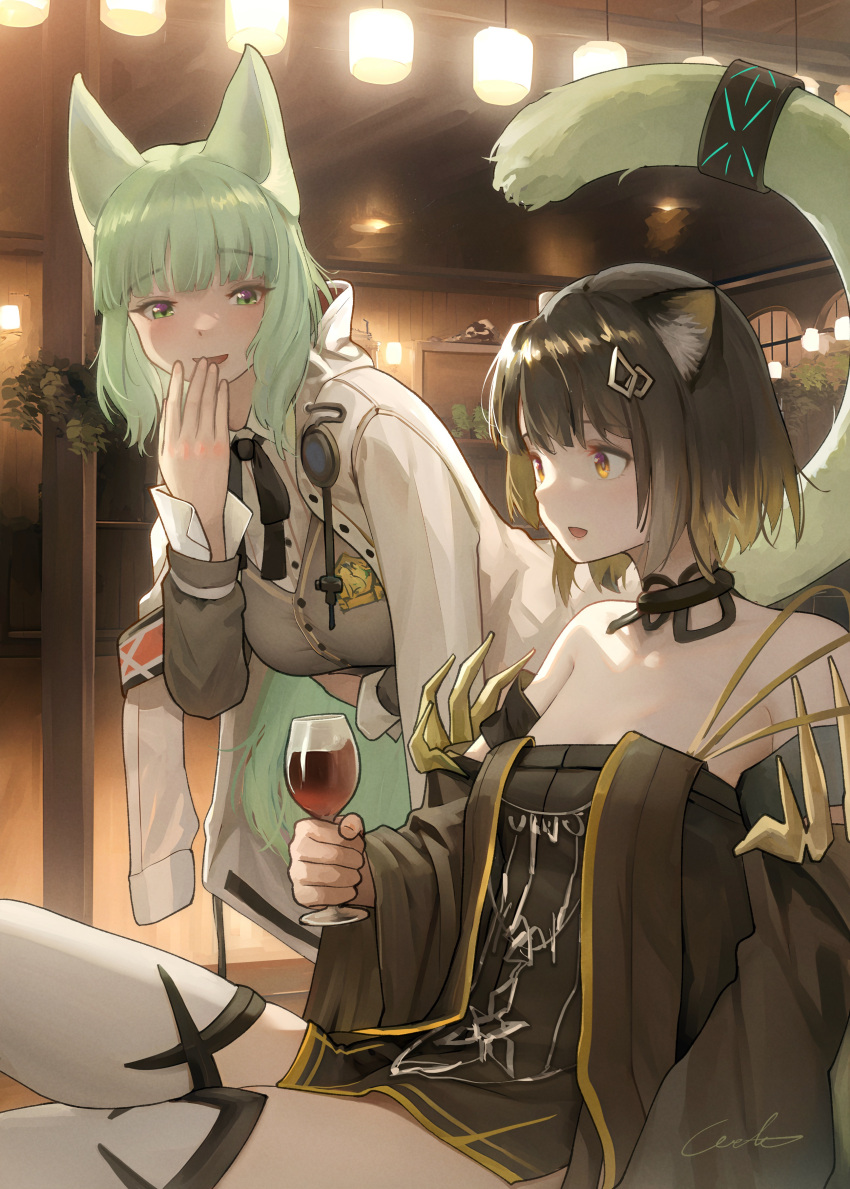 2girls absurdres animal_ears arknights bare_shoulders brown_hair cardigan cat_ears cat_tail coat commentary_request cup dress drinking_glass green_eyes green_hair grey_cardigan harmonie_(arknights) highres holding holding_cup indoors infection_monitor_(arknights) long_sleeves mandragora_(arknights) multiple_girls off-shoulder_dress off_shoulder tail thighhighs welt_(kinsei_koutenkyoku) white_coat white_thighhighs wide_sleeves wine_glass yellow_eyes