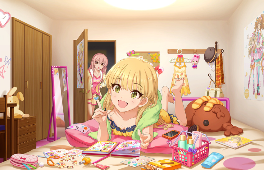 2girls :d :o age_difference akagi_miria alternate_hairstyle artist_request barefoot bed bedroom blonde_hair blush breasts cellphone cellphone_charm charm_(object) cleavage clock collarbone door fangs feet feet_up food game_cg green_eyes hair_down idolmaster idolmaster_cinderella_girls idolmaster_cinderella_girls_starlight_stage imageboard_desourced indoors jewelry jougasaki_mika jougasaki_rika legs_up legwear_removed lightning_bolt_symbol long_hair loungewear lying mirror moroboshi_kirari multiple_girls necklace official_art on_stomach open_door open_mouth phone pink_hair pocky poster_(object) scissors siblings sisters small_breasts smartphone smile soles sticker strap_slip stuffed_animal stuffed_rabbit stuffed_toy sweat the_pose toes towel wet wet_hair yellow_eyes