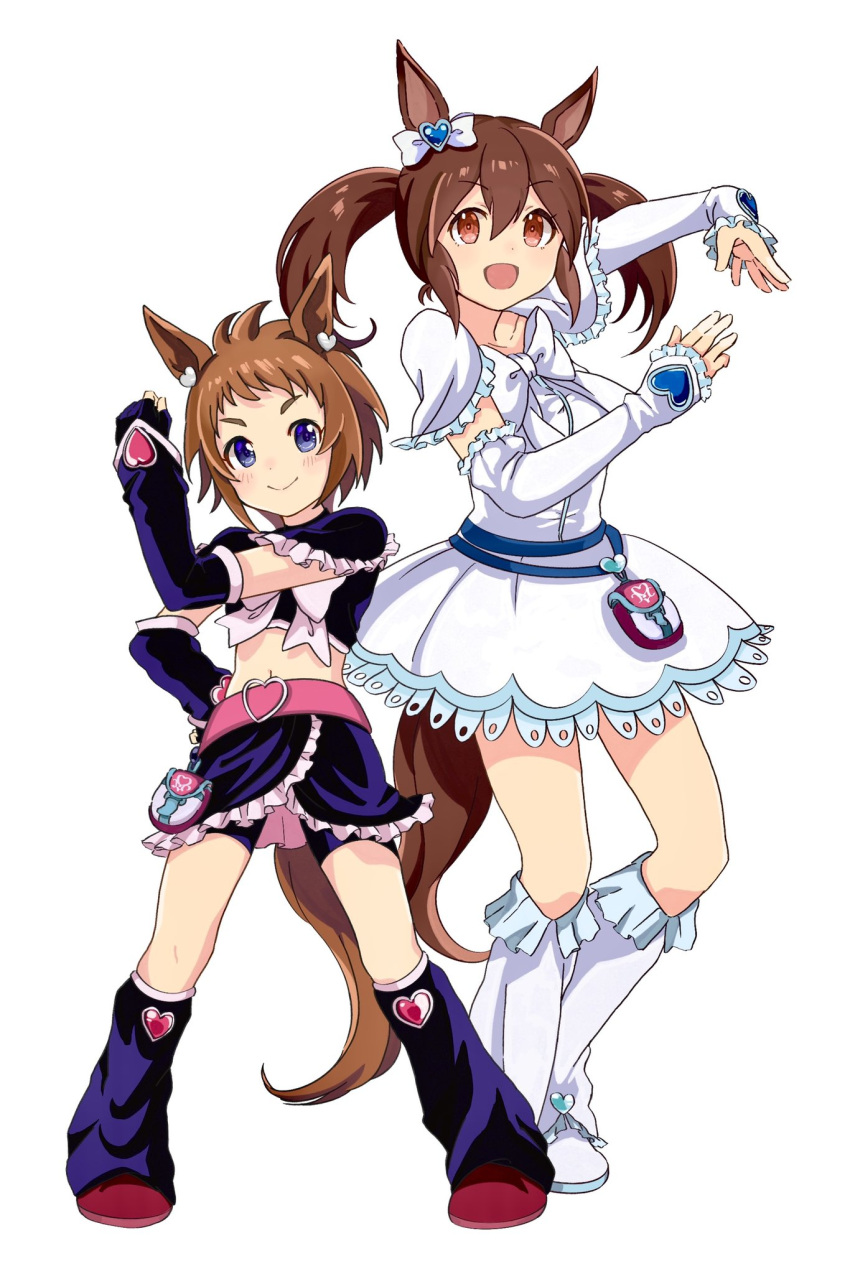 2girls belt bike_shorts biko_pegasus_(umamusume) black_gloves black_shirt black_skirt blue_eyes blush bow bowtie breasts clenched_hand closed_mouth cosplay crop_top cure_black cure_black_(cosplay) cure_white cure_white_(cosplay) detached_sleeves dress ear_bow fingerless_gloves flat_chest futari_wa_precure gloves hand_on_own_hip heel_up highres hishi_akebono_(umamusume) horse_girl leg_warmers looking_at_viewer medium_breasts medium_hair midriff miniskirt moko39_takasora multiple_girls navel open_mouth orange_eyes precure red_footwear shirt shoes short_hair short_sleeves simple_background skirt smile standing twintails umamusume white_background white_dress white_footwear