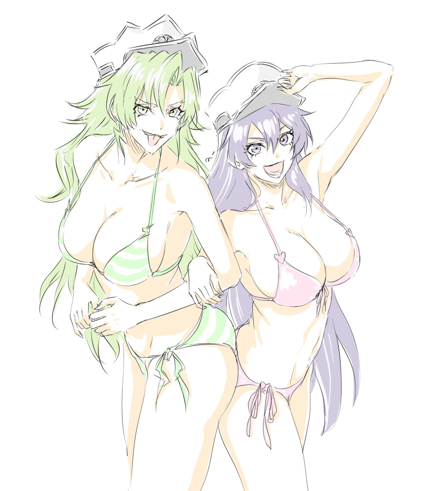 2girls arm_up bambietta_basterbine bare_legs bare_shoulders bikini black_hair bleach bleach:_the_thousand-year_blood_war breasts candice_catnipp green_eyes green_hair hand_on_headwear hat highres large_breasts locked_arms long_hair military_hat mitsugu multiple_girls navel open_mouth pink_bikini purple_eyes quincy side-tie_bikini_bottom smile sternritter striped striped_bikini swimsuit thighs tongue tongue_out white_background