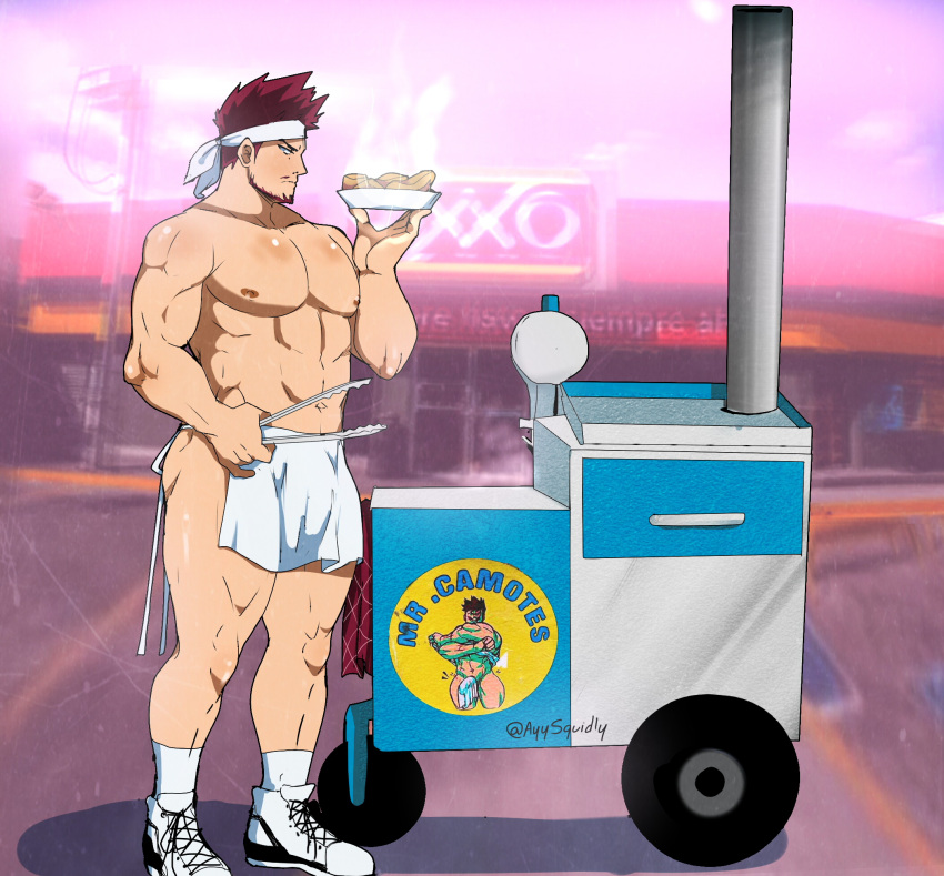 1boy abs alternate_costume apron ass_peek ayysquidly bara beard beard_stubble boku_no_hero_academia bulge contemporary endeavor_(boku_no_hero_academia) facial_hair food food_stand full_body headband highres holding holding_plate holding_tongs large_pectorals looking_at_viewer male_focus mature_male muscular muscular_male navel nipples pectorals photo_background plate profile revealing_clothes scar scar_across_eye shoes short_hair sideburns sideways_glance sneakers solo spiked_hair stomach strongman_waist stubble sweet_potato thick_eyebrows thick_thighs thighs tongs topless_male waist_apron white_headband