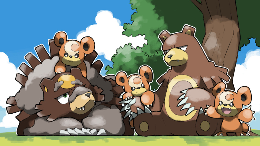 against_tree bear blacknirrow blue_sky claws evolutionary_line fang fangs highres no_humans one_eye_closed open_mouth pokemon pokemon_(creature) sitting sky smile teddiursa tree ursaluna ursaring