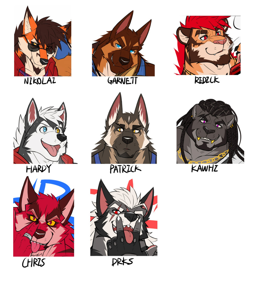 2019 alaskan_malamute anthro beard black_beard black_body black_fur black_hair black_nose black_sclera blue_eyes brown_beard canid canine canis character_name chris_(drks) claws clothing domestic_dog dreadlocks dress_shirt drks drks_(drks) ear_piercing ear_ring eye_scar eyelid_pull_taunt facial_hair facial_scar felid finger_claws fingerless_gloves fox fur garnett german_shepherd gloves goatee gold_(metal) gold_tooth grey_body grey_fur group hair handwear hardy_(drks) herding_dog heterochromia hi_res husky jacket kawhi lion male male/male mammal necktie nicolas_(drks) nordic_sled_dog open_mouth orange_hair pantherine pastoral_dog patrick_(drks) pawpads piercing pink_nose portrait purple_eyes red_clothing red_eyes red_hair red_shirt red_topwear redick ring ring_piercing scar sharp_teeth shirt shirtless sideburns smile smoke_from_mouth spitz stripes tank_top taunting teeth tiger tongue tongue_out topwear whiskers white_body white_fur white_hair wolf yellow_eyes yellow_sclera