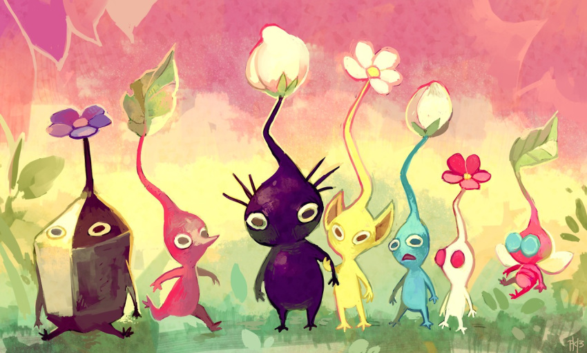 black_eyes blue_eyes blue_pikmin blue_skin bud colored_skin english_commentary flower flying glitchedpuppet grass grey_skin hand_on_another's_arm insect_wings leaf lineup no_humans painting_(medium) petals pikmin_(creature) pikmin_(series) pink_flower pink_skin pointy_ears pointy_nose purple_flower purple_hair purple_pikmin purple_skin red_eyes red_pikmin red_skin rock_pikmin running short_hair sign sitting traditional_media triangle_mouth very_short_hair watercolor_(medium) white_flower white_pikmin white_skin winged_pikmin wings yellow_pikmin yellow_skin
