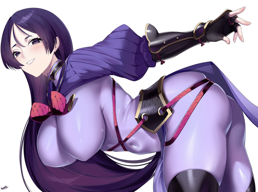 1girl armor ass bent_over black_gloves bodysuit breasts elbow_gloves fate/grand_order fate_(series) fingerless_gloves gloves grin highres japanese_armor kote kurozawa_yui large_breasts long_hair looking_at_viewer minamoto_no_raikou_(fate) parted_bangs pelvic_curtain purple_bodysuit purple_eyes purple_hair ribbed_sleeves rope smile solo very_long_hair