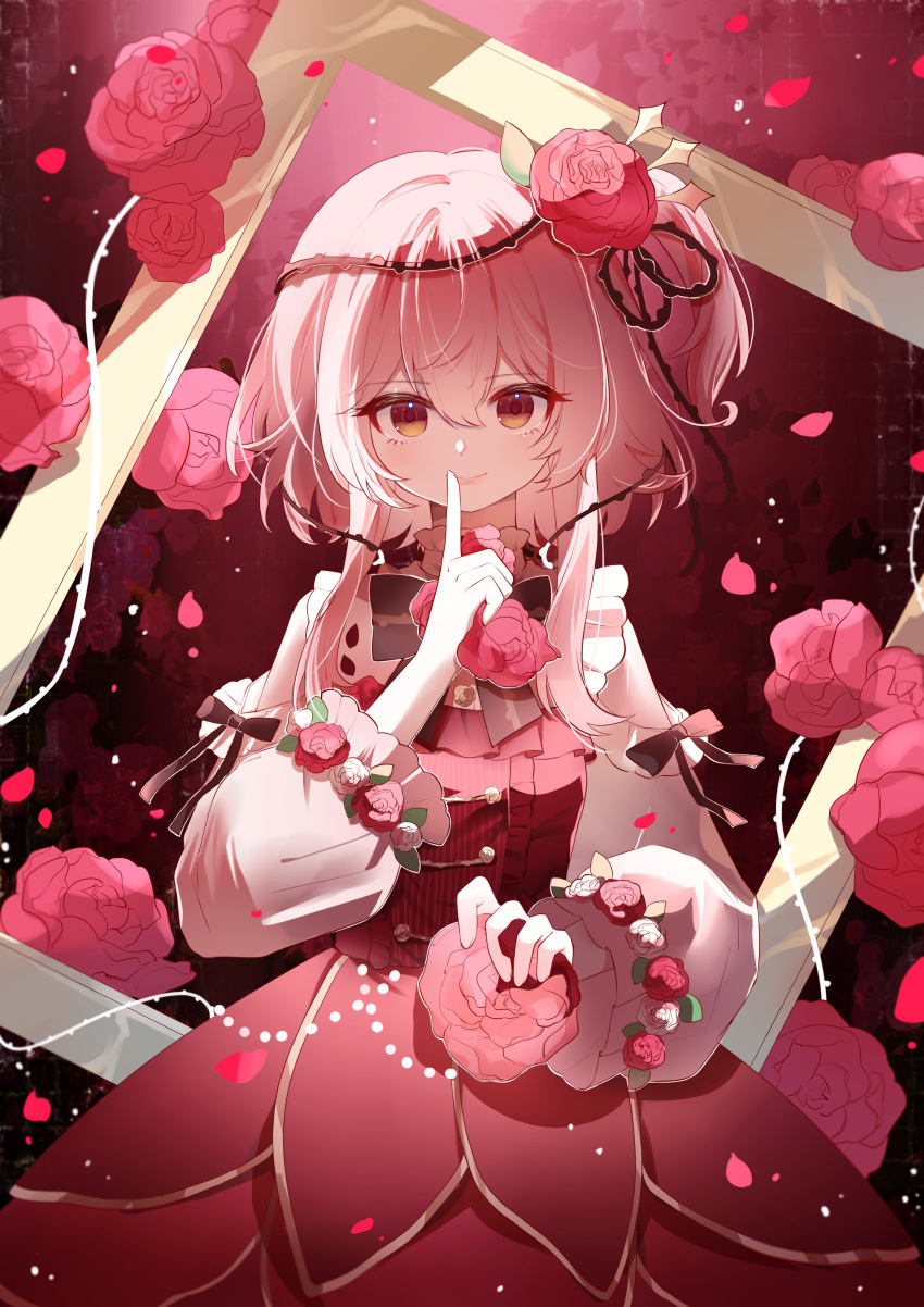 1girl absurdres anqing black_bow black_bowtie bow bowtie closed_mouth clothing_cutout cowboy_shot dress falling_petals finger_to_mouth flower hair_flower hair_ornament hand_up highres holding holding_flower index_finger_raised long_sleeves looking_at_viewer nijisanji nijisanji_en petals picture_frame pink_hair puffy_long_sleeves puffy_sleeves red_background red_dress red_eyes red_flower red_rose red_theme rose rosemi_lovelock rosemi_lovelock_(1st_costume) shoulder_cutout smile solo virtual_youtuber