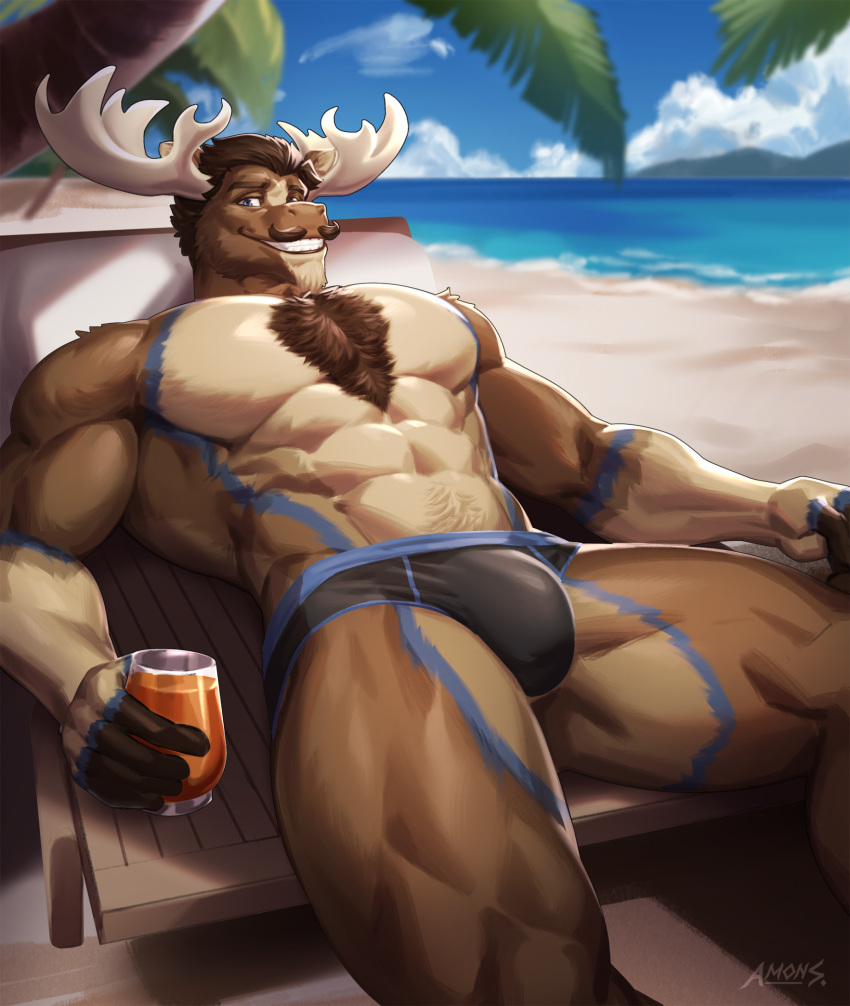 2_horns amon-sydonai anthro beverage body_hair bulge chest_hair deer diffuse_moose hi_res horn male mammal moose muscular muscular_anthro muscular_male new_world_deer