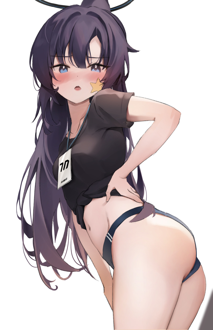 1girl absurdres ass black_shirt blue_archive blue_buruma blue_eyes blush buruma collarbone commentary gym_uniform halo hand_on_own_hip highres id_card lanyard long_hair looking_at_viewer navel official_alternate_costume parted_lips ponytail purple_hair scarlet_(wv0102) shirt short_sleeves simple_background solo star_sticker sticker_on_face stomach teeth tied_shirt upper_teeth_only white_background yuuka_(blue_archive) yuuka_(track)_(blue_archive)