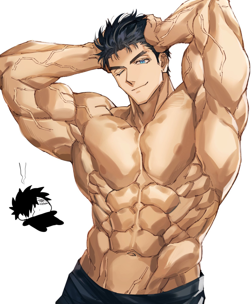 2boys abs armpits arms_up bara black_hair blue_eyes chibi domo_(domo_kizusuki) eyelashes hands_on_own_head highres kokado_shido_(domo) large_pectorals lying male_focus multiple_boys muscular muscular_male navel nipples on_floor one_eye_closed original pectorals short_hair sideburns simple_background smile solo_focus thick_eyebrows upper_body veins white_background