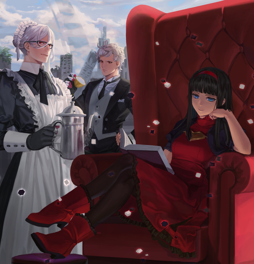 1girl 2boys absurdres adam_(nier:automata) apron black_dress black_gloves black_hair black_jacket blue_eyes book boots closed_mouth cloud collared_shirt cup day dress eve_(nier:automata) frilled_apron frills glasses gloves grey_vest hairband highres holding holding_book holding_cup jacket maid maid_apron maid_headdress multiple_boys necktie nier nier:automata nier_(series) on_(isk1812) open_book open_clothes open_jacket outdoors red_dress red_eyes red_girl_(nier) shirt short_hair sitting sky vest white_apron white_hair white_shirt