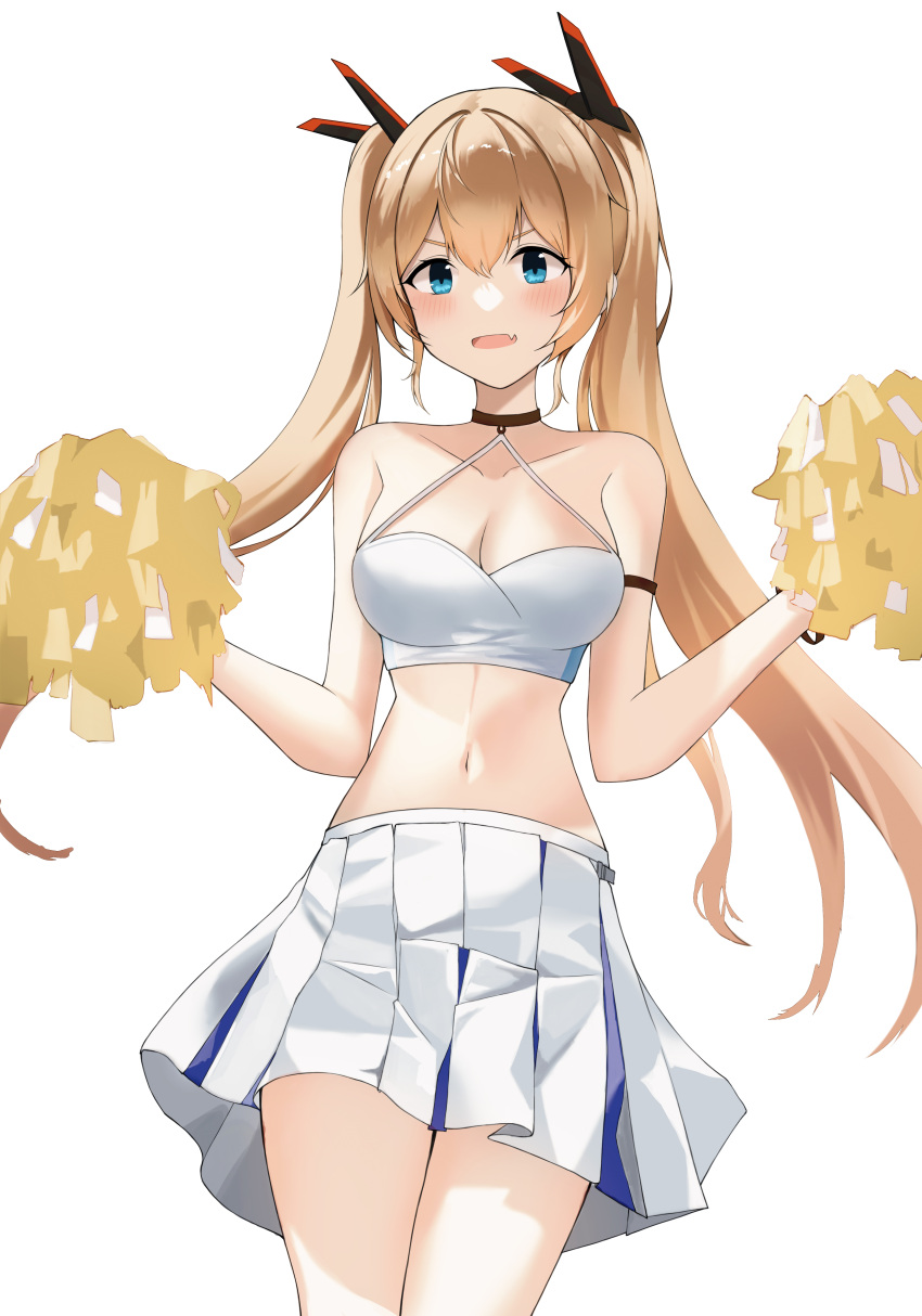 1girl absurdres black_choker bllustration blue_archive blue_eyes blush breasts choker cleavage collarbone commentary_request cowboy_shot facing_viewer fang goddess_of_victory:_nikke hands_up highres laplace_(nikke) light_brown_hair long_hair looking_ahead medium_breasts midriff millennium_cheerleader_outfit_(blue_archive) navel open_mouth pleated_skirt pom_pom_(cheerleading) simple_background skin_fang skirt solo standing twintails white_background white_skirt