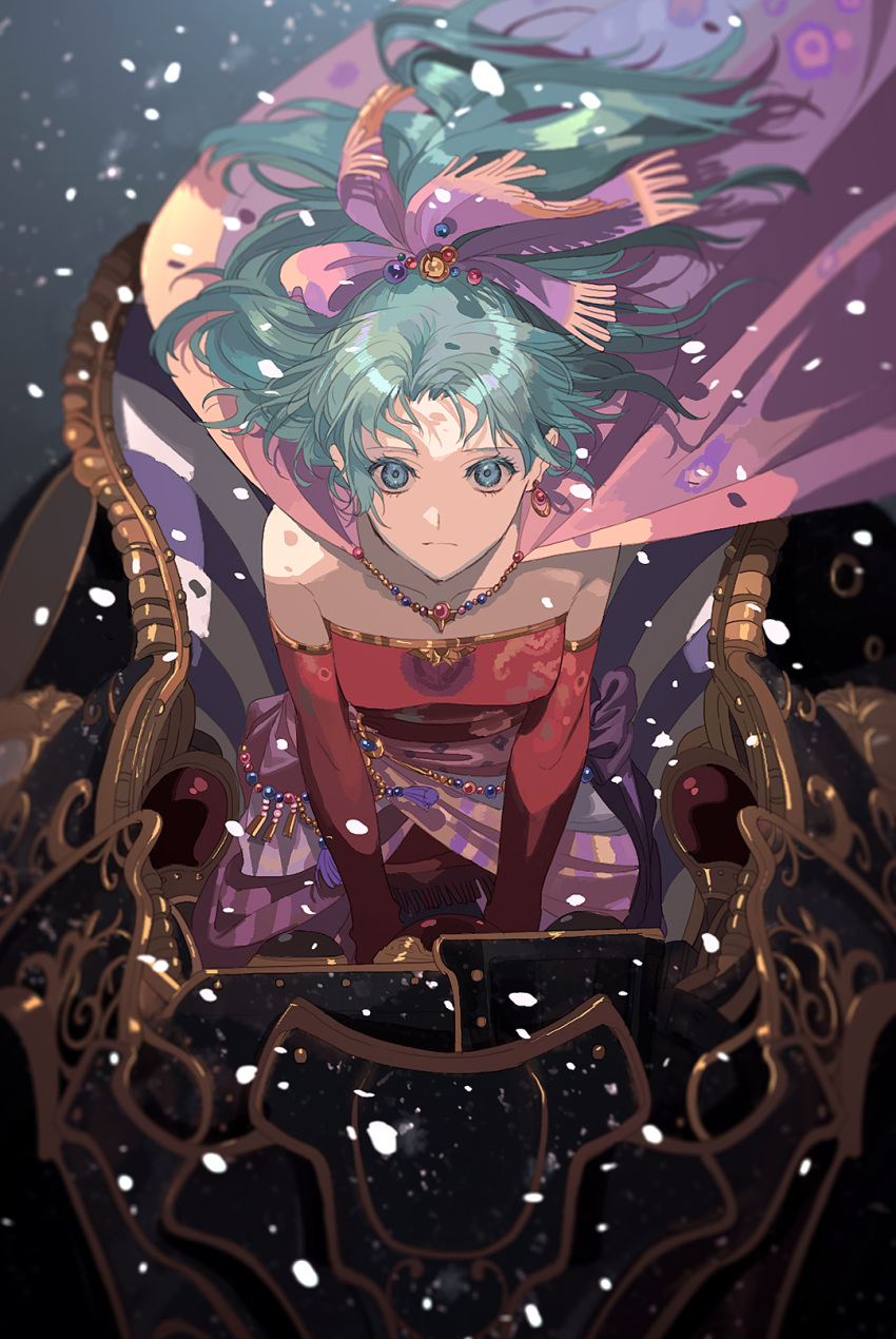 1girl aqua_eyes aqua_hair beads bow breasts cape closed_mouth collarbone detached_sleeves dress final_fantasy final_fantasy_vi hair_bow highres jewelry long_hair looking_at_viewer necklace okazaki_oka purple_bow red_dress red_sleeves solo strapless strapless_dress tassel terra_branford