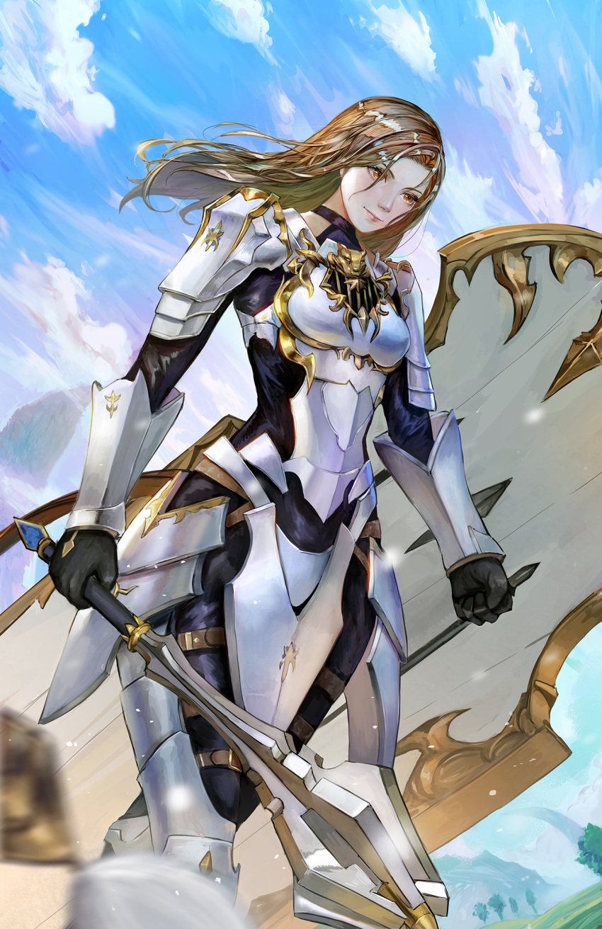 1girl arm_guards armor blonde_hair blue_sky breastplate cloud gloves hair_between_eyes highres holding holding_mace holding_shield holding_weapon kisara_(tales) long_hair mace outdoors pauldrons shield shoulder_armor sky solo spiked_mace spikes tales_of_(series) tales_of_arise tim_kong weapon yellow_eyes