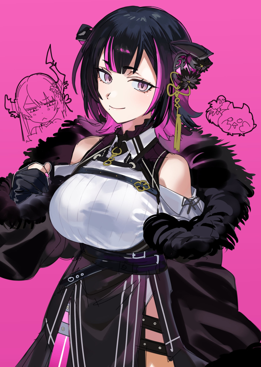 2girls :&lt; absurdres asymmetrical_horns black_coat black_dress black_gloves black_hair breast_envy breasts chest_strap coat colored_inner_hair cropped_legs demon_horns dress fur_trim gloves hair_ornament highres hololive hololive_english horns jailbird_(nerissa_ravencroft) large_breasts light_smile looking_at_viewer medium_breasts mole mole_under_mouth multicolored_hair multiple_girls nerissa_ravencroft nerissa_ravencroft's_sister partially_fingerless_gloves pelvic_curtain pink_background pink_eyes pink_hair pink_nails shadow_(nerissa_ravencroft) short_hair simple_background single_thighhigh slit_pupils smile solo_focus tassel tassel_hair_ornament thigh_strap thighhighs two-tone_hair uneven_horns virtual_youtuber waist_cape yomosaka