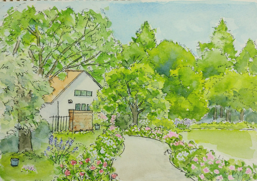 bucket building bush fence forest garden highres house naoy_watercolor nature no_humans original painting_(medium) path plant shed traditional_media tree watercolor_(medium)