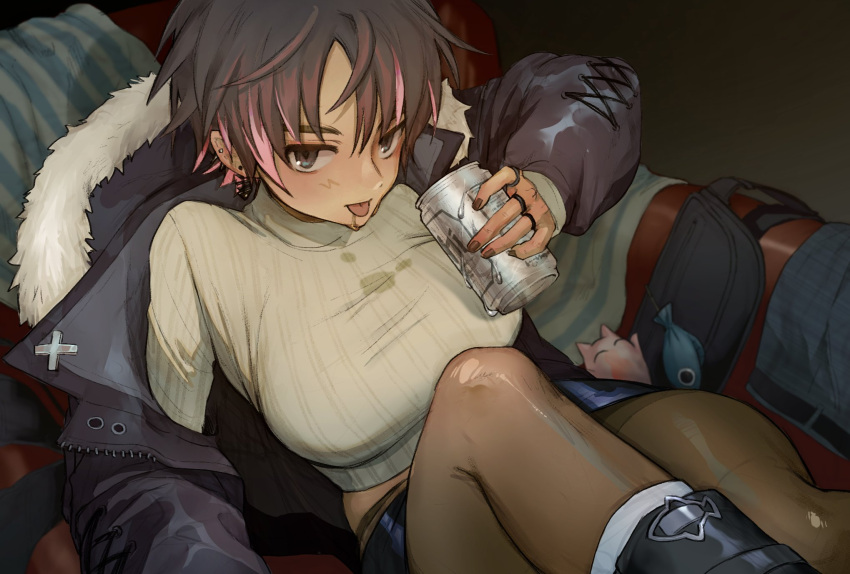 1girl black_coat bon_(vtuber) brown_hair brown_nails can coat colored_tips commission ear_piercing earrings feet_out_of_frame fur_trim highres holding holding_can indie_virtual_youtuber jewelry kichiya knees_up midriff multicolored_hair piercing pink_hair shirt short_hair skeb_commission solo white_shirt