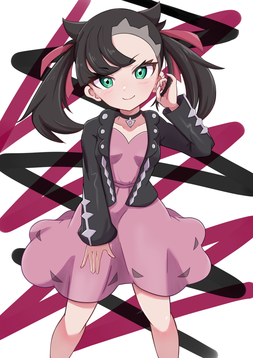 1girl absurdres asymmetrical_bangs asymmetrical_hair black_choker black_hair black_jacket breasts choker closed_mouth cowboy_shot dress green_eyes hair_ribbon highres holding_own_hair jacket looking_at_viewer marnie_(pokemon) open_clothes open_jacket patterned_background pink_dress pink_ribbon pokemon pokemon_swsh ribbon rono_(lethys) small_breasts smile solo twintails white_background