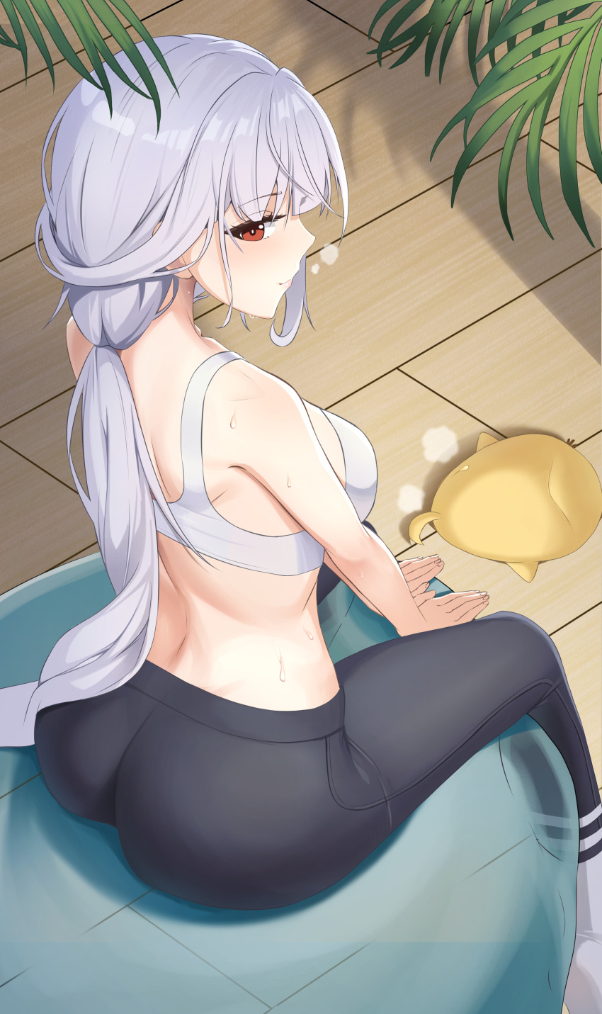 1girl absurdres ass azur_lane ball bare_arms bare_shoulders black_pants breasts brown_eyes closed_mouth commentary_request exercise_ball from_behind highres large_breasts leaf light_smile long_hair looking_at_viewer looking_back low_ponytail manjuu_(azur_lane) marseillaise_(azur_lane) marseillaise_(fighting_angel's_regimen)_(azur_lane) midriff monmo_mu official_alternate_costume pants profile sitting sitting_on_ball solo sports_bra sweat very_long_hair white_hair white_sports_bra wooden_floor yoga_pants