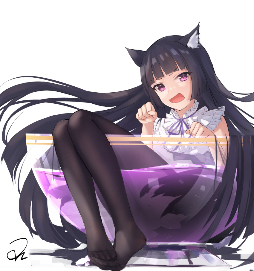 1girl absurdres angry animal_ears black_hair black_pantyhose bowl bqhong cat_ears fang feet full_body gokou_ruri highres hime_cut in_bowl in_container legs long_hair looking_at_viewer mole mole_under_eye neck_ribbon open_mouth ore_no_imouto_ga_konna_ni_kawaii_wake_ga_nai pantyhose partially_submerged paw_pose purple_eyes purple_ribbon ribbon shirt signature simple_background sitting skin_fang sleeveless sleeveless_shirt solo very_long_hair white_background white_shirt