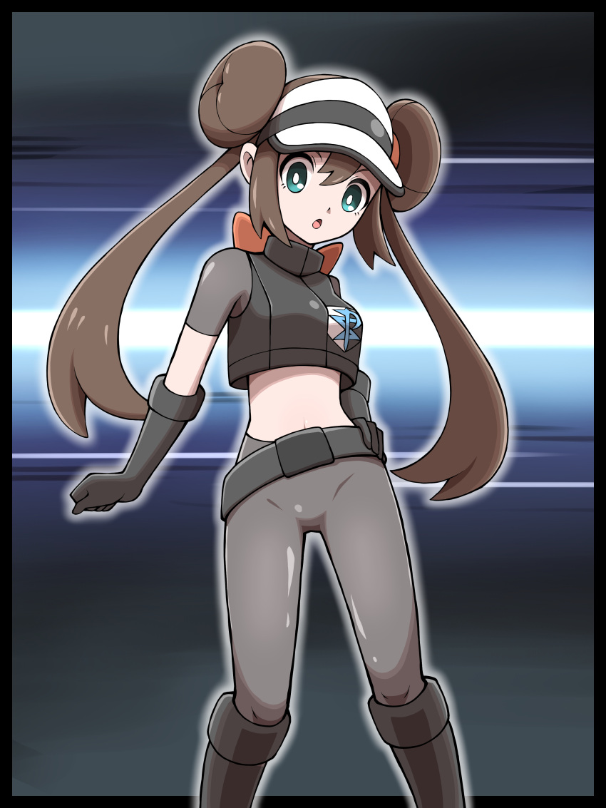 1girl :o absurdres arrow_(symbol) belt boots breasts bright_pupils brown_hair crop_top dialogue_box double_bun doughnut_hair_bun gloves green_eyes hair_bun highres leggings logo long_hair navel open_mouth poke_ball_symbol pokemon pokemon_(game) pokemon_bw2 rosa_(pokemon) shabana_may solo team_plasma team_plasma_uniform trainer_wants_to_battle twintails vest visor_cap white_headwear white_pupils