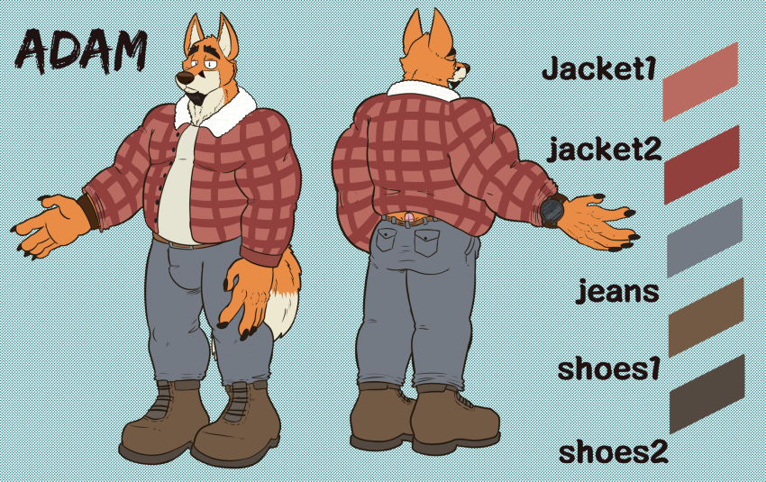 2023 adam_(traceur) anthro beard belt biped body_hair boots bottomwear brown_nose bulge butt canid canine clock clothed clothing color_swatch denim denim_clothing digital_media_(artwork) english_text eyebrows facial_hair footwear fox fully_clothed fur halftone halftone_background hi_res jacket jeans male mammal model_sheet mospy_(artist) orange_body orange_fur pants pattern_background simple_background solo standing tail tan_body tan_fur text topwear watch wristwatch