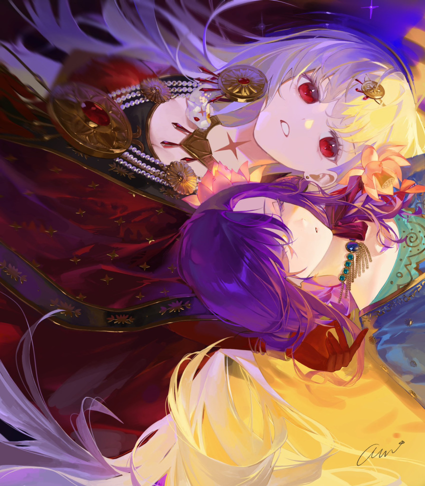 2girls blue_dress blue_gemstone chain closed_eyes daeraeband dress durga_(fate) earrings embroidery fate/grand_order fate_(series) forehead_jewel gem gold_chain gold_earrings hair_between_eyes highres indian_clothes jewelry long_hair looking_at_viewer lying matou_sakura multiple_girls necklace on_back open_mouth parvati_(fate) purple_hair red_dress red_eyes red_gemstone sari signature sleeping white_hair