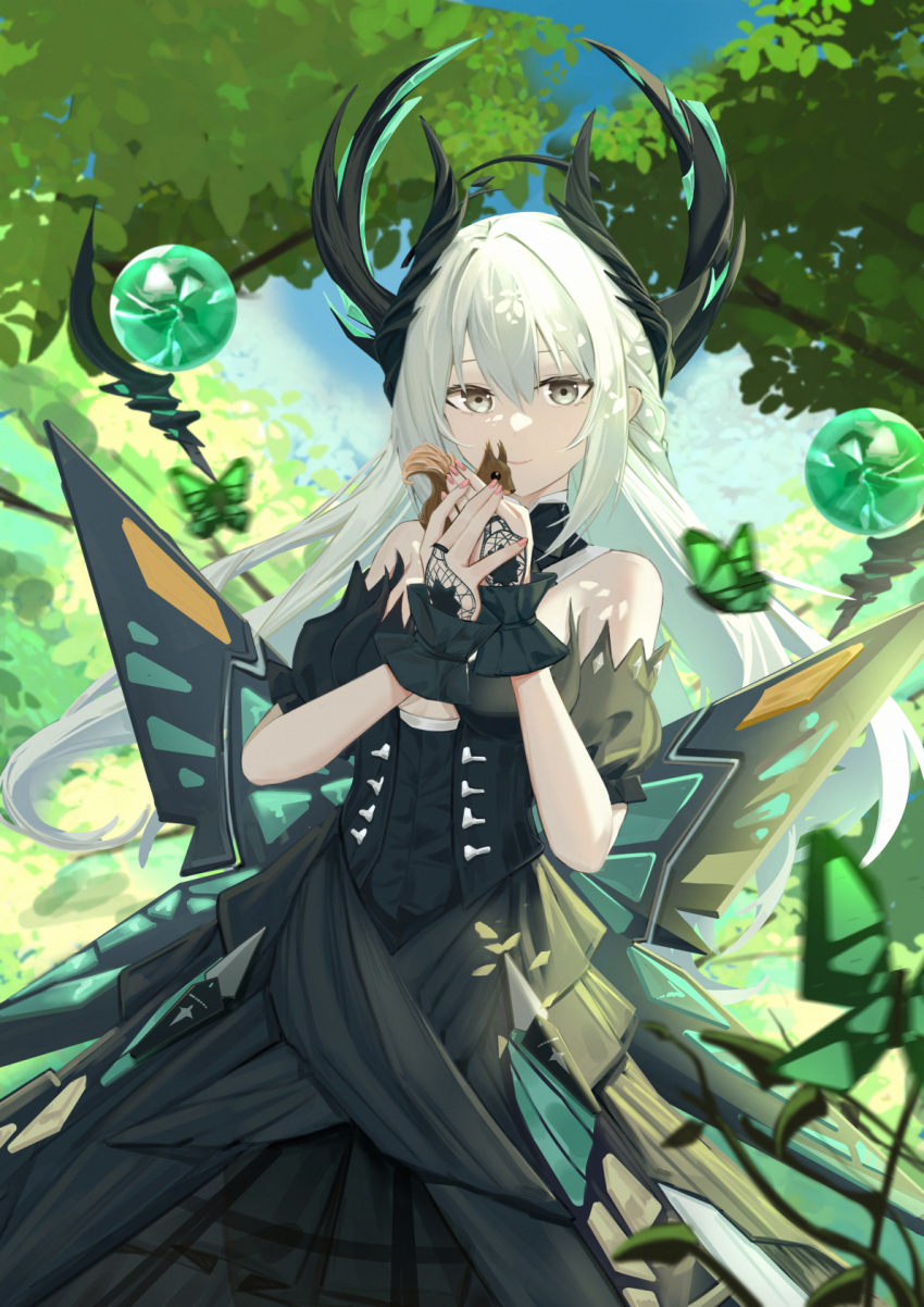 1girl animal bare_shoulders black_dress branch breasts bug butterfly butterfly_wings cowboy_shot crystal_ball detached_collar double-parted_bangs dress floating floating_object forest green_butterfly grey_eyes headgear highres holding holding_animal liv:_empyrea_(dreamcatcher)_(punishing:_gray_raven) liv_(punishing:_gray_raven) long_hair looking_at_viewer mechanical_wings nature orb outdoors panluo plant punishing:_gray_raven smile squirrel strapless strapless_dress tree underboob vines white_hair wing_hair_ornament wings wrist_cuffs