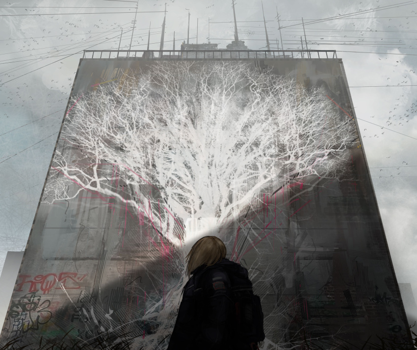 1other absurdres bird black_jacket blonde_hair building cloud cloudy_sky commentary_request day floating_hair graffiti haru_akira highres jacket mural original outdoors partial_commentary power_lines railing scenery shadow sky solo standing tree upper_body wall wide_shot