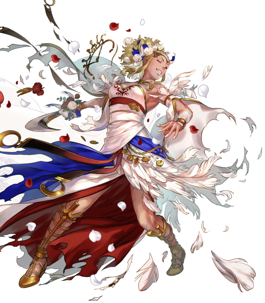 1girl blonde_hair breasts dark-skinned_female dark_skin dress feather_trim fire_emblem fire_emblem_awakening fire_emblem_heroes flavia_(fire_emblem) flower full_body gold_trim hair_ornament high_heels highres holding holding_weapon jewelry long_dress long_hair medium_breasts non-web_source official_art rose suzuki_rika sword tiara transparent_background weapon wedding_dress white_dress