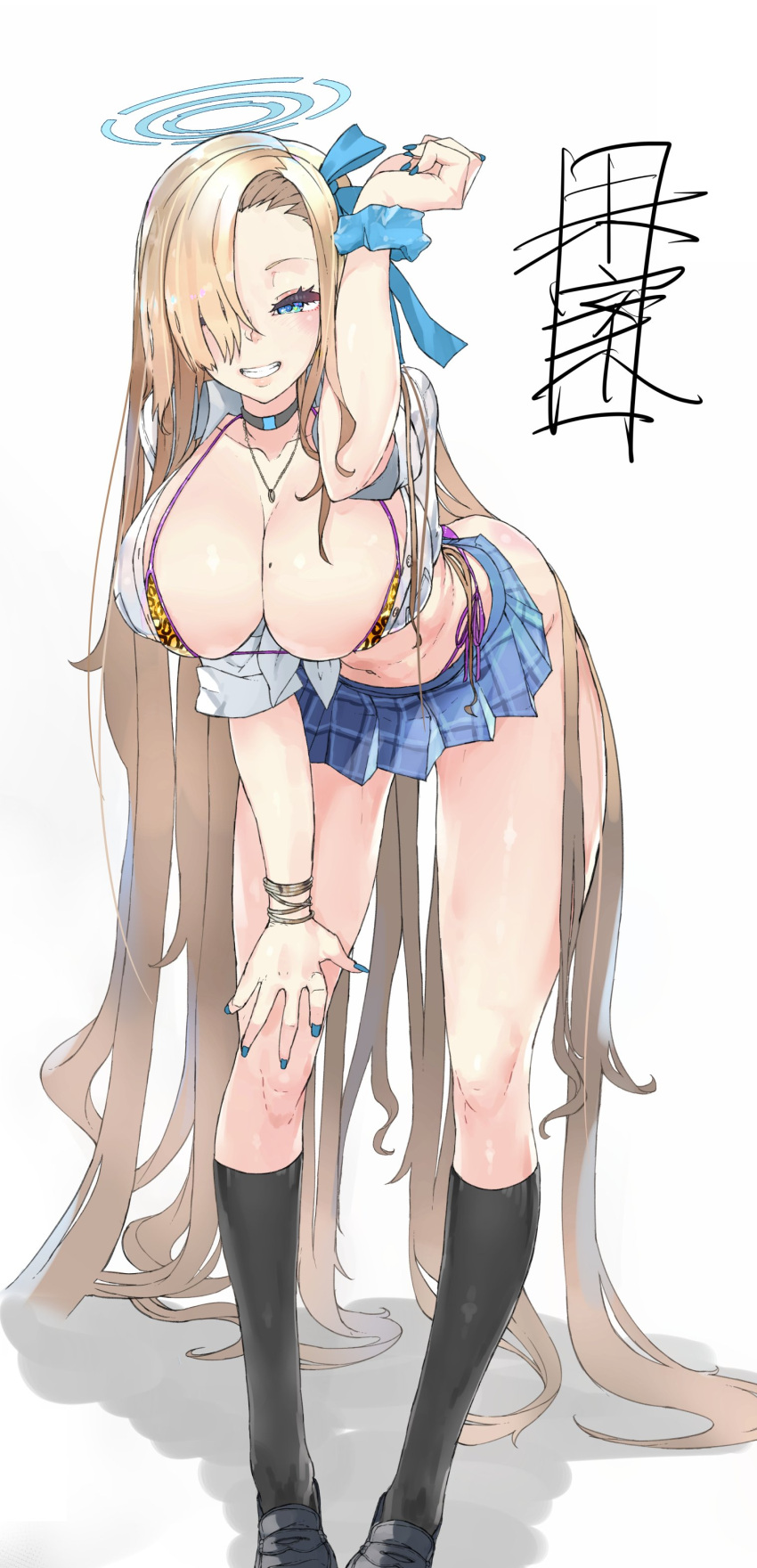 1girl absurdres animal_print arms_up ass asuna_(blue_archive) bent_over black_thighhighs blue_archive blue_eyes blue_halo blue_nails blue_wristband blush bow breasts collarbone hair_ornament hair_over_one_eye hair_over_shoulder halo hand_on_own_thigh highres large_breasts leopard_print light_brown_hair long_hair looking_at_viewer mian microskirt miniskirt mole mole_on_breast open_mouth shadow simple_background skirt smile solo thighhighs very_long_hair white_background wristband