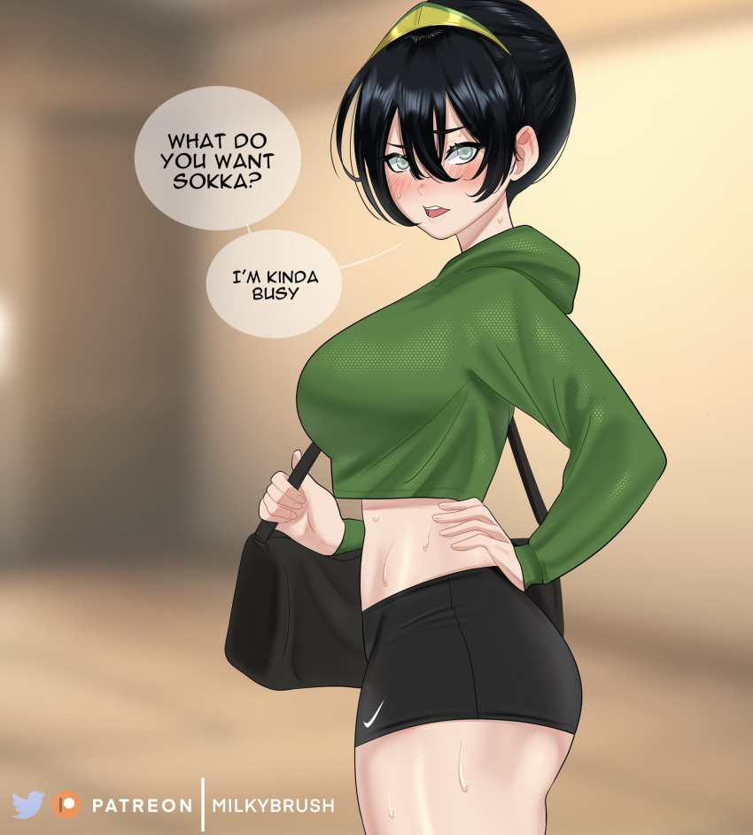 1girl alternate_breast_size alternate_costume avatar:_the_last_airbender avatar_legends bag black_hair blush cropped_hoodie duffel_bag english_text from_side furrowed_brow green_hoodie grey_eyes gym_shorts hair_bun hair_ornament hand_on_own_hip highres hood hoodie looking_at_viewer looking_to_the_side midriff milkybrush nike short_hair short_shorts shorts solo speech_bubble sweat toph_bei_fong